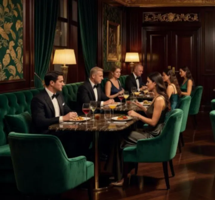 Elegáns étterem és modern lounge meleg esti fényekkel