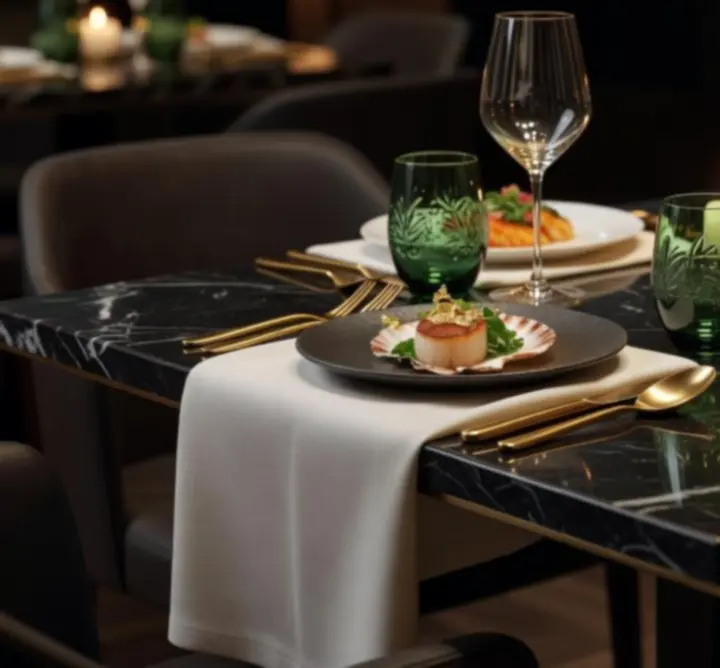 Elegáns teríték és részletgazdag belsőépítészeti megoldások a Magyar Esmenyek éttermében.