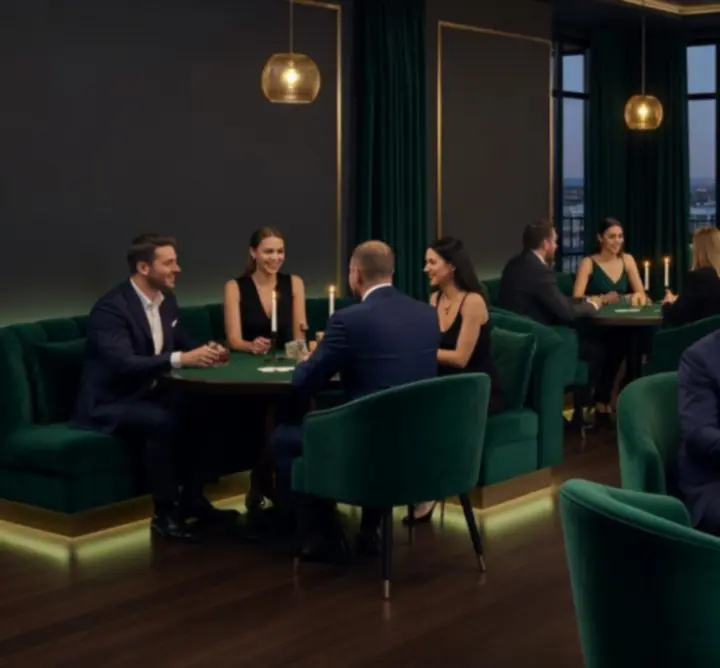 Hangulatos lounge jelenet vendégekkel, fine dining fogásokkal és meleg fényekkel.