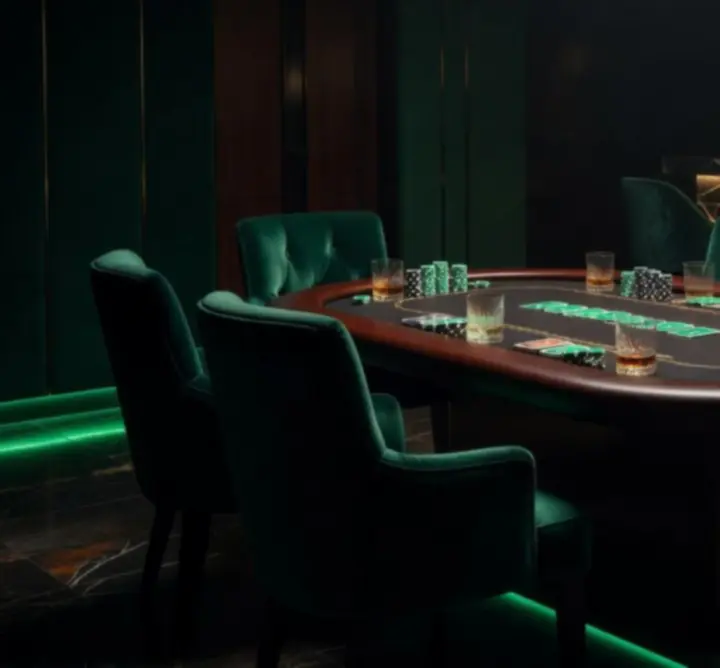 Exkluzív poker lounge kaszinó hangulattal és VIP szekciókkal.