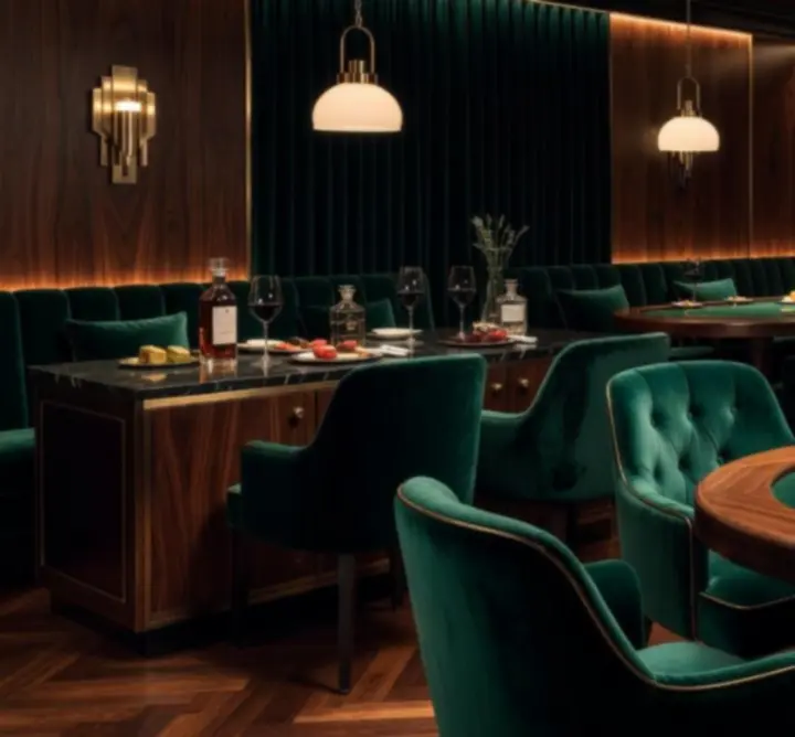 Elegáns póker lounge különterem, luxus belső térrel és megvilágított pókerasztalokkal.