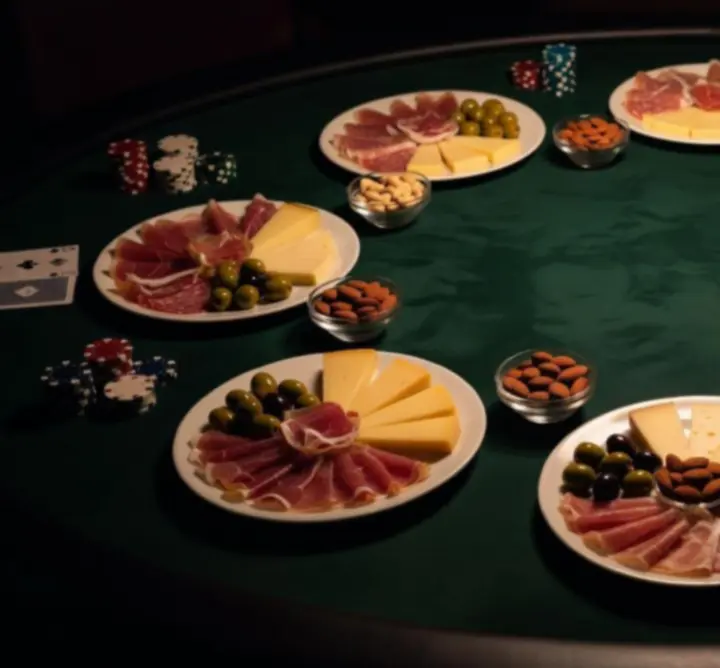 Pókerasztal mellett tálalt késő esti snackek és italok félhomályos fényben.