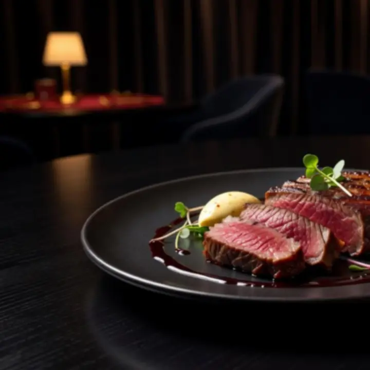 Signature steak tálalás fekete tányéron, arany részletekkel és modern fine dining stílusban.